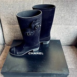💯Authentic Chanel Velvet Black Rain boots Rare!